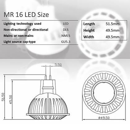 MR16 LED 5W, 36VDC power supplyMR 16 LED Size