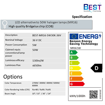 MR16 LED 5W, 36VDC power supplyMR 16 LED Specification