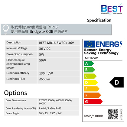 BEST 可替換式 MR16 5W LED 非調光/ TRIAC調光光源組MR 16 LED Specification