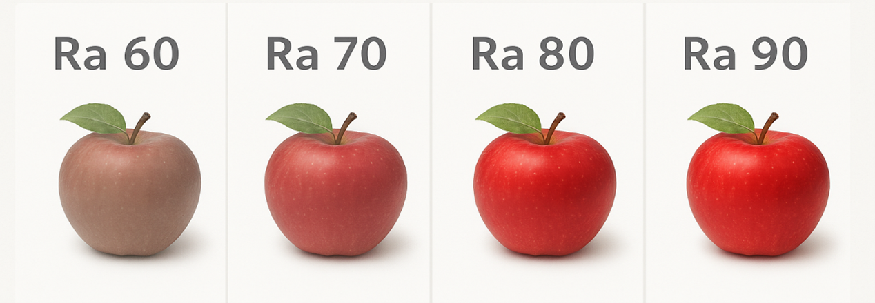 顯色指數Ra 90-60蘋果效果示意圖，Ra 90飽和度最高