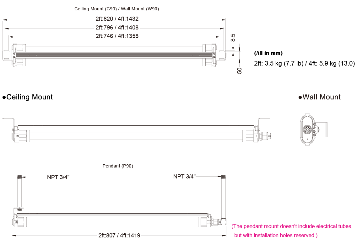 THT-EX L2106 Universal Explosion-proof LED Lighting-Mounting Option & Dimensions
