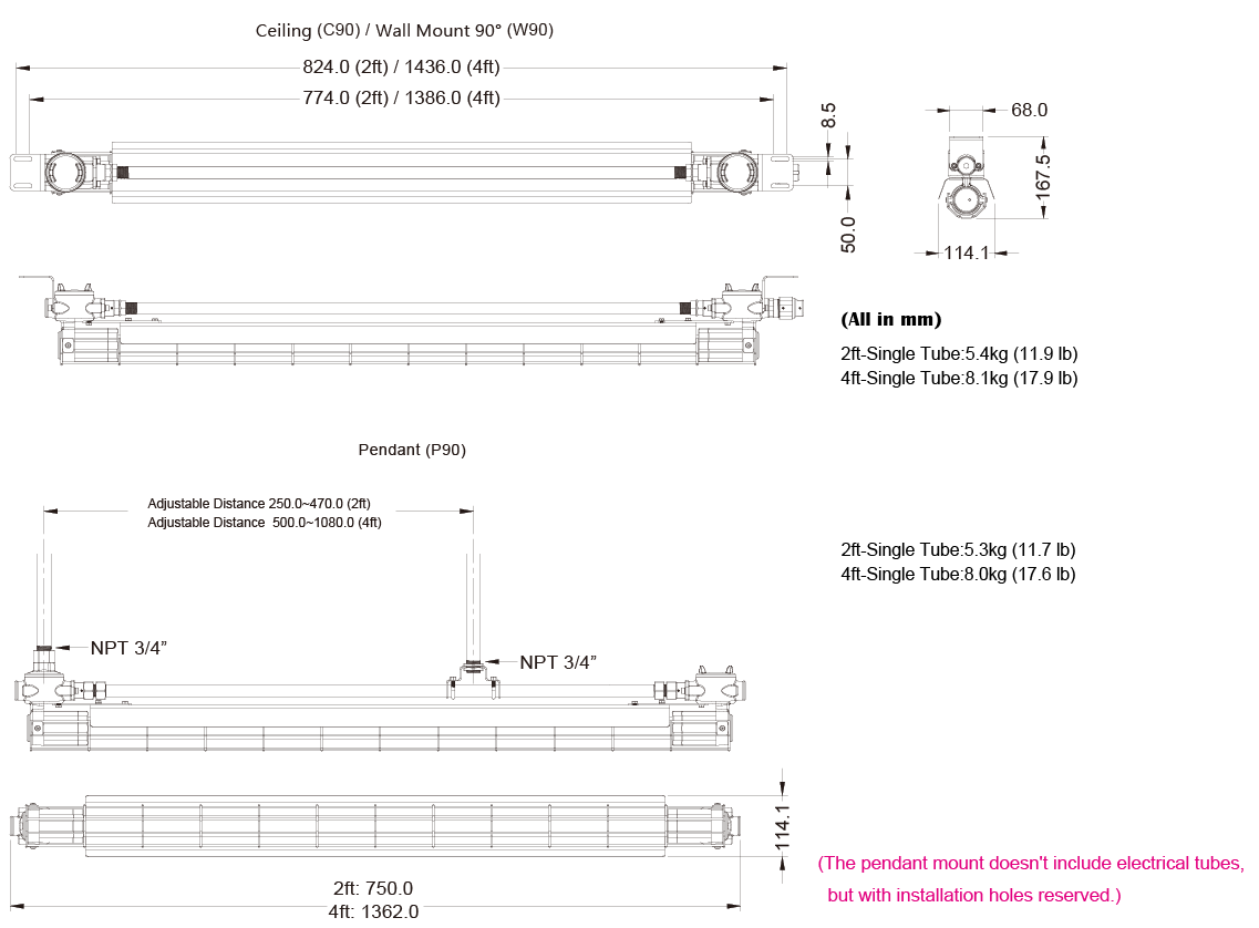 THT-EX L2101 Explosion-proof LED Lighting-Single-Mounting Option & Dimensions
