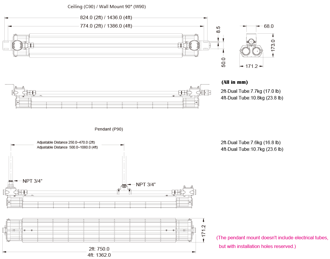 THT-EX L2101 Explosion-proof LED Lighting-Dual-Mounting Option & Dimensions